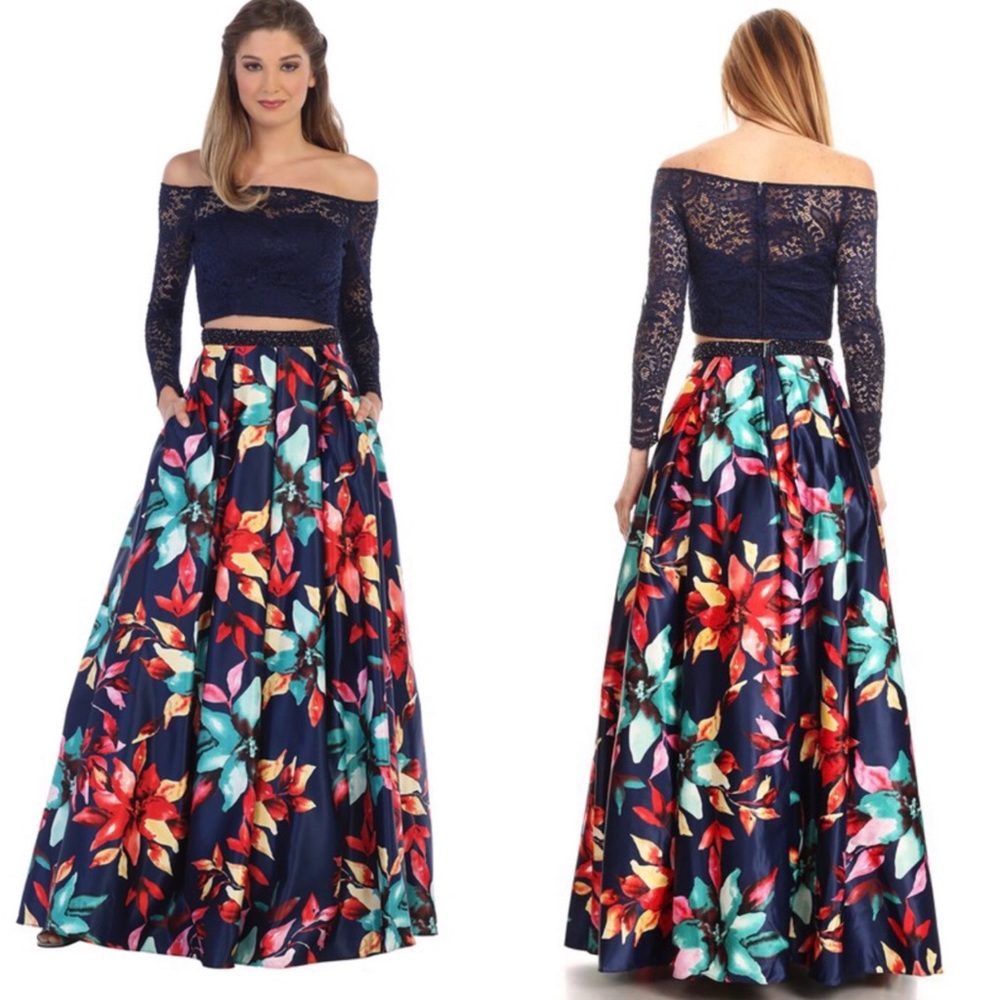 Two Piece Floral and Lace Prom Dress. Off Shoulder